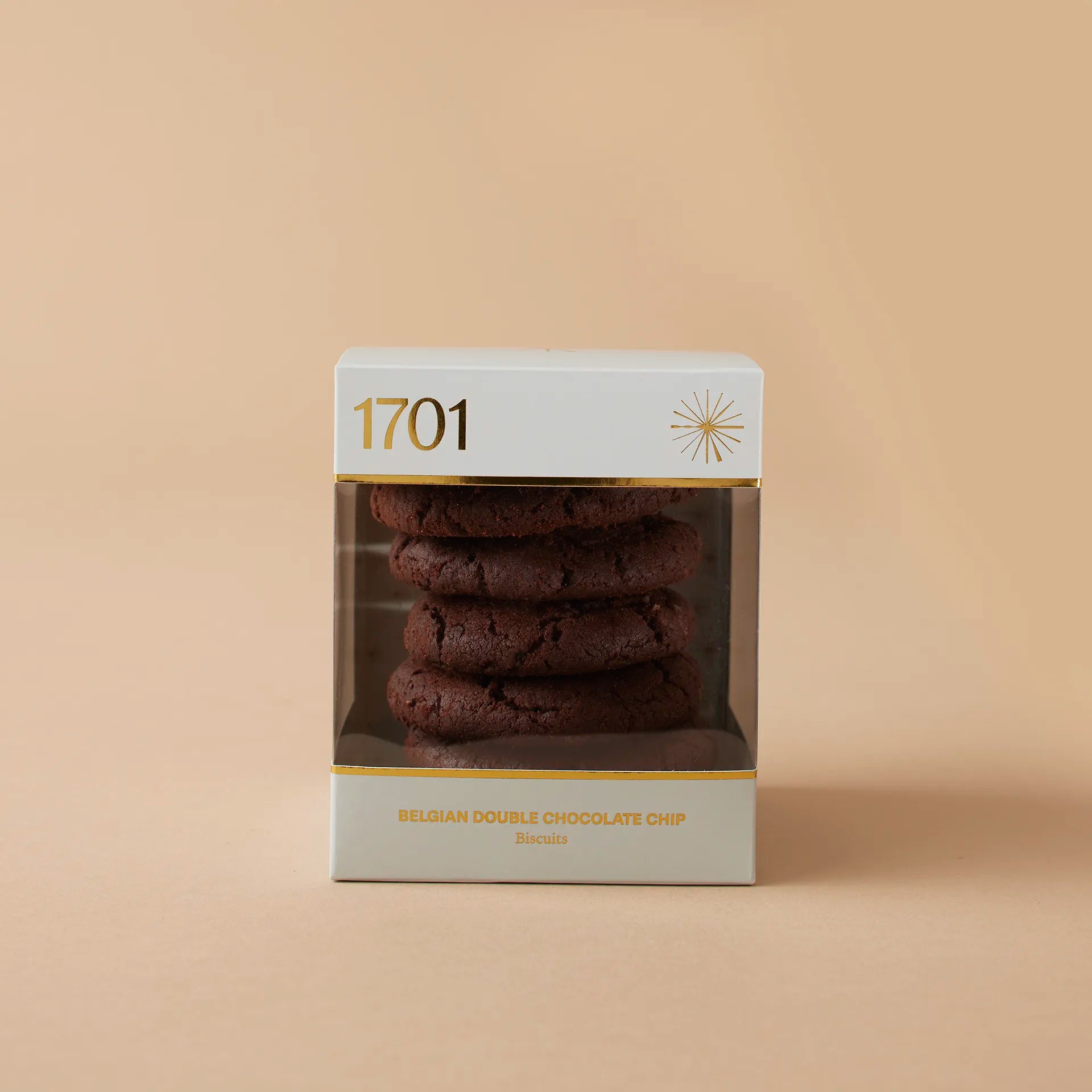 "Belgian Double Chocolate Chip Biscuits" gift box featuring a 200g box of handmade biscuits with double Belgian chocolate chips. The biscuits are presented in a product box on a warm background, with the product label visible on the front of the box. The biscuits are SANHA Halaal approved, making them a perfect gift idea for anyone who appreciates high-quality biscuits made with care.